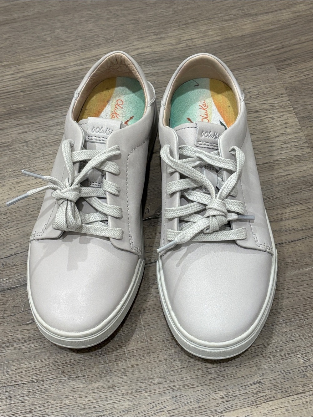 OluKai Women's Light Gray Leather Lace-Up Sneakers